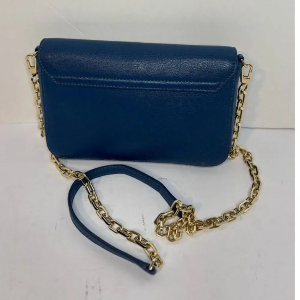 Tory Burch Navy Blue Crossbody Bag Gold Chain Logo Leather